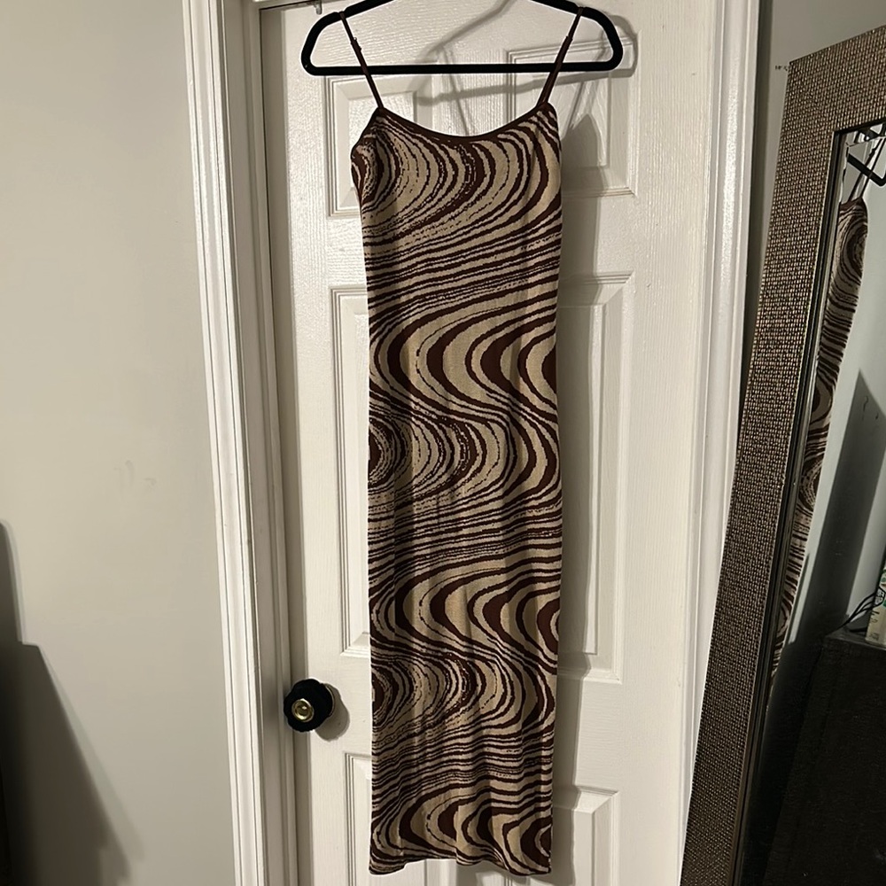 Windsor Brown and Cream Spaghetti Strap Midi Dress